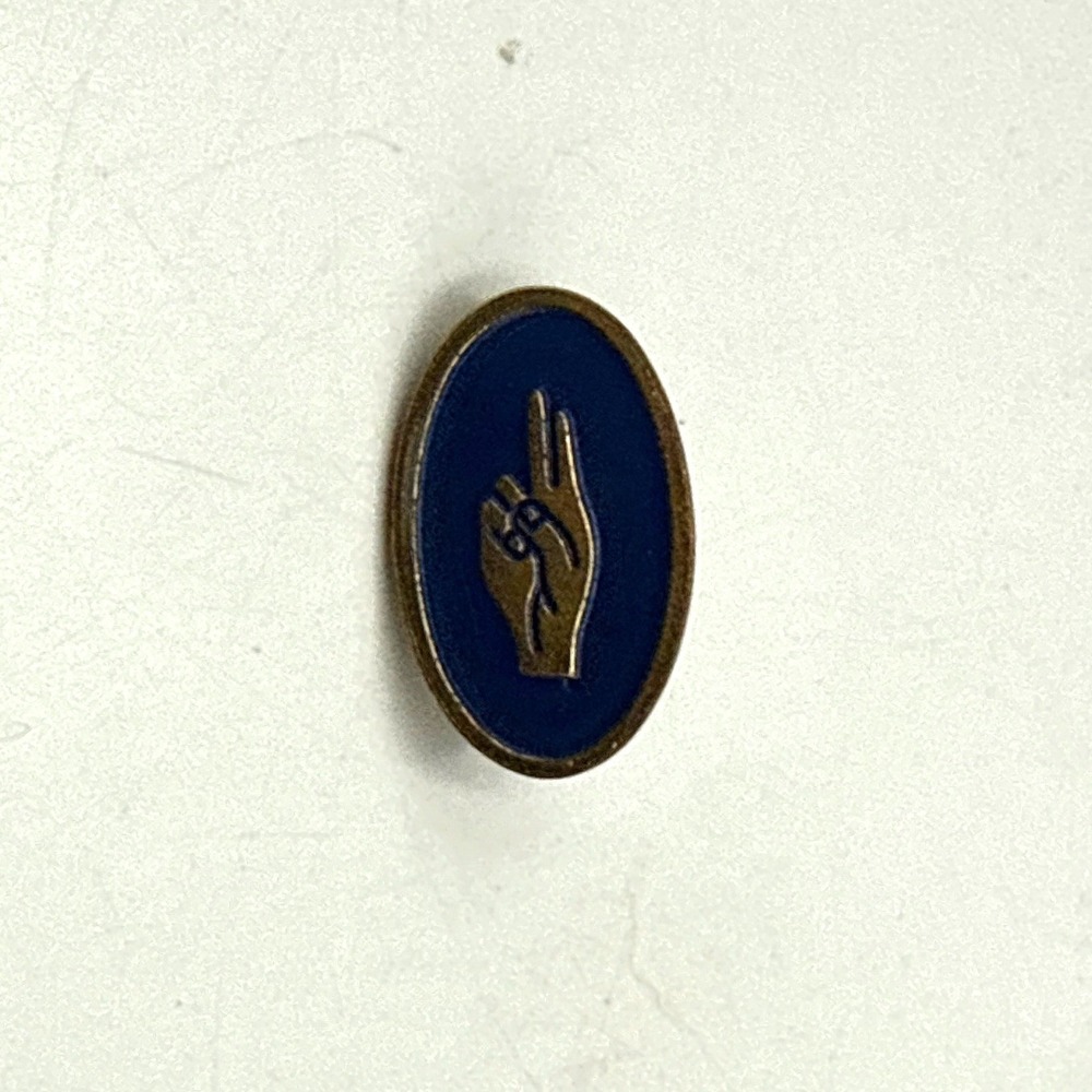 Vintage Blue Enamel Hand Gesture Blessing Ovalβ Pin Gold Tone Lapel Brooch